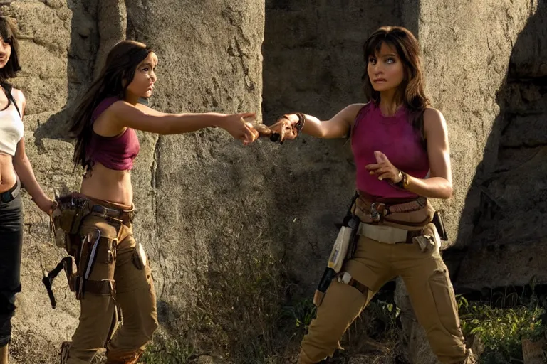 Image similar to Isabela Merced as Dora the Explorer wearing and Angelina Jolie as Lara Croft standing in an ancient temple, high resolution film still, movie by Simon West