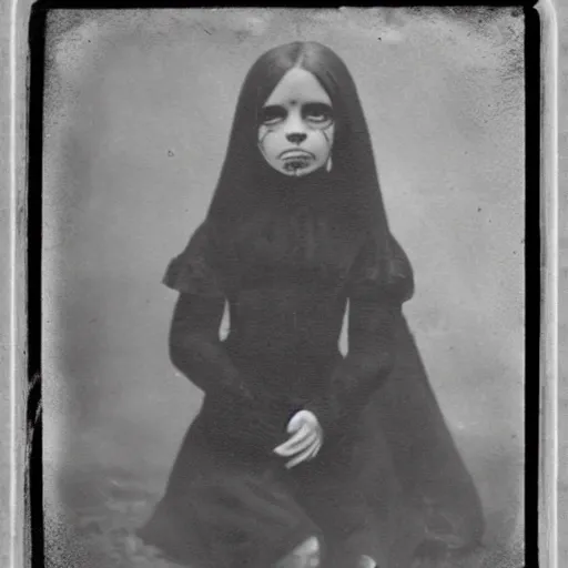 Image similar to spooky 1860 photo of an ancient girl demon devouring a soul on abandoned hospital