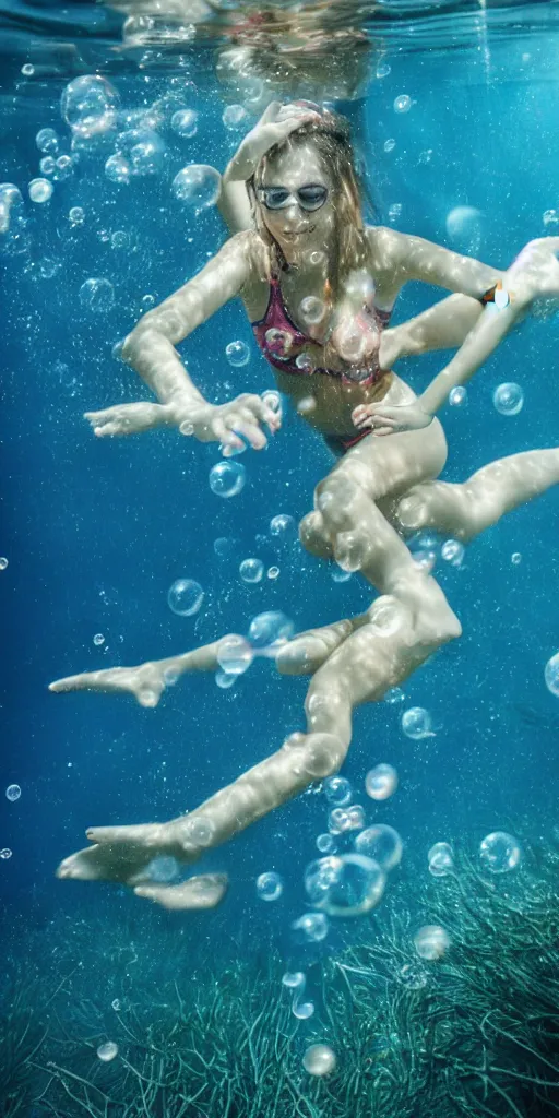 Image similar to a photo of a beautiful young woman floating underwater with bubbles all around