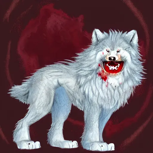 Image similar to cute fluffy werewolf covered in blood, pastel, digital art