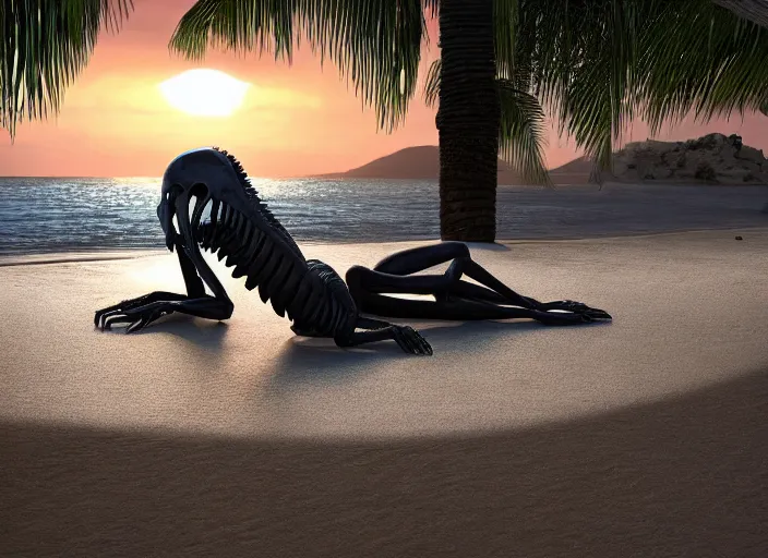 Prompt: symmetrical - face!!! a xenomorph alien relaxing on a beach in jamaica, cinematic lighting, sunset, 8 k - resolution!!, hyperrealism, national geographic, award winning, artstation, unreal engine 5, octane, redshift