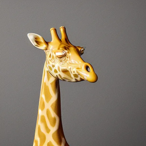 Prompt: photograph of a porcelain giraffe, golden detailing, smooth, glazed, high quality, hd, 8k, sharp focus, studio lighting