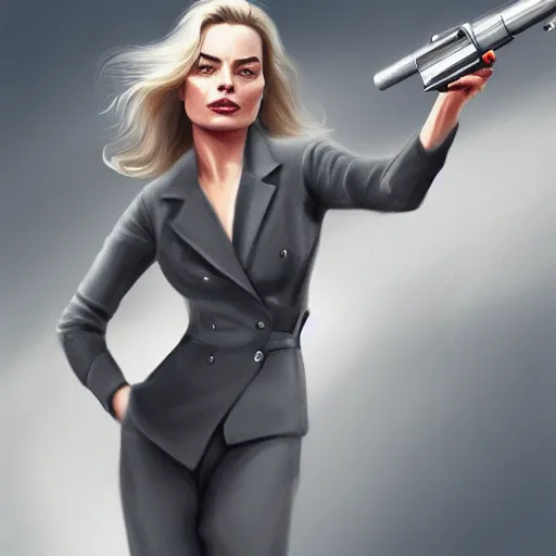Image similar to a margot robbie wearing a business, she has grey hair and is holding a revolver, digital painting, smooth, hd, realist, artstation, deviantart