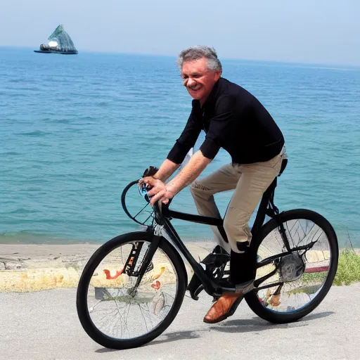 Image similar to don matteo riding a bike straight through the sea king monster