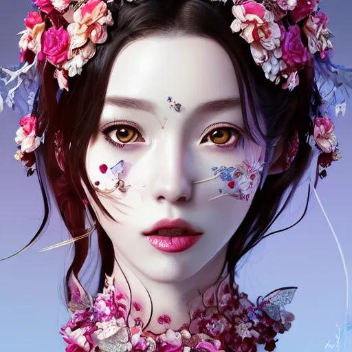 Prompt: the portrait of the absurdly beautiful, graceful, elegant, gorgeous, fashionable photorealistic anime western woman made of cherries and white petals with tears, an ultrafine hyperdetailed illustration by kim jung gi, irakli nadar, intricate linework, bright colors, octopath traveler, final fantasy, unreal engine highly rendered, global illumination, radiant light, intricate environment