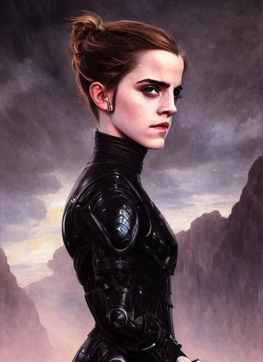 Prompt: emma watson portrait demon half human, elegant, wearing a bomber jacket, armor, hyper realistic, whitehorns, extremely detailed, dnd character art portrait, fantasy art,, dramatic lighting, vivid colors, artstation, by edgar maxence and caravaggio and michael whelan and delacroix, lois van baarle and bouguereau