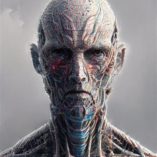 Image similar to portrait art of an ultradetailed evil cyborg made of neuronal networks, by greg rutkowski and Zdzisław Beksiński, digital painting, 8k, intricate, futuristic, dramatic light, trending on cg society
