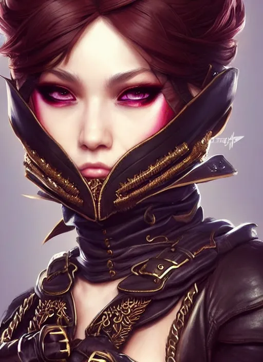 Image similar to rogue, fantasy ornate leather bandit outfit!!! close - up portrait beautiful and athletic short hair female!! gorgeous face and eyes!! character concept art, sharp focus, octane render! unreal engine 5! highly rendered!! trending on artstation!! detailed linework!! illustration by artgerm, wlop, and chie yoshii