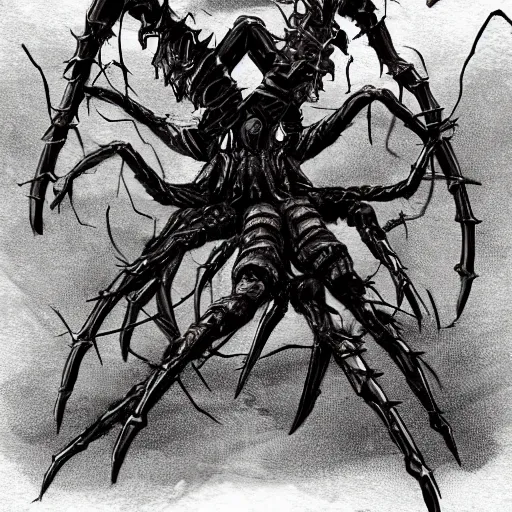 Image similar to concept art of a dark souls boss, six arms undead riding a spider;dark fantasy