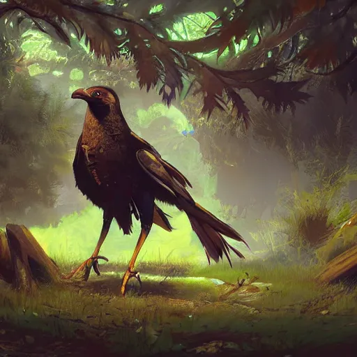 Image similar to concept art painting of an anthropomorphic humanoid steampunk crow, in the deep forest, realistic, detailed, cel shaded, in the style of makoto shinkai and greg rutkowski and james gurney