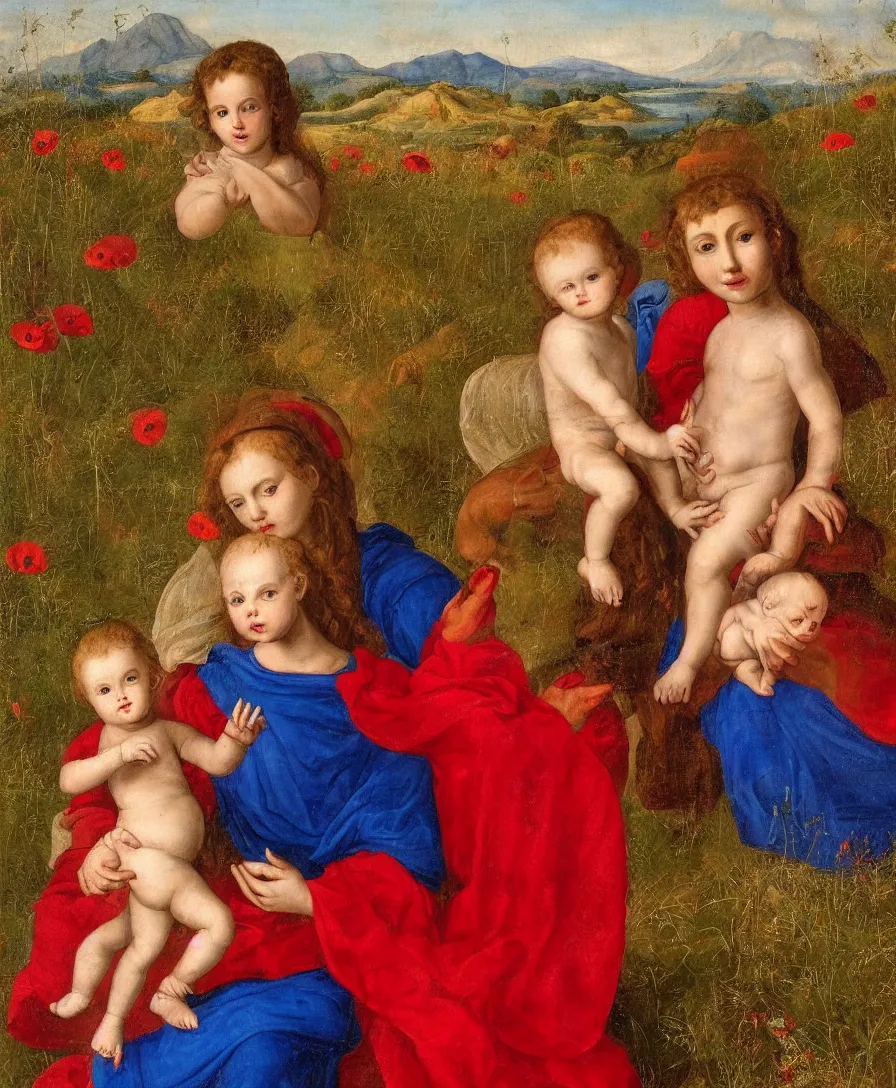 Prompt: Detailed Portrait of Madonna, red shirt blue cloth, with infant Jesus playing with a cross and another boy in the style of Raffael. Curly red hair. They are sitting in a dried out meadow near Florence, red poppy in the field. On the horizon, there is a lake with a town and mountains. Flat perspective.