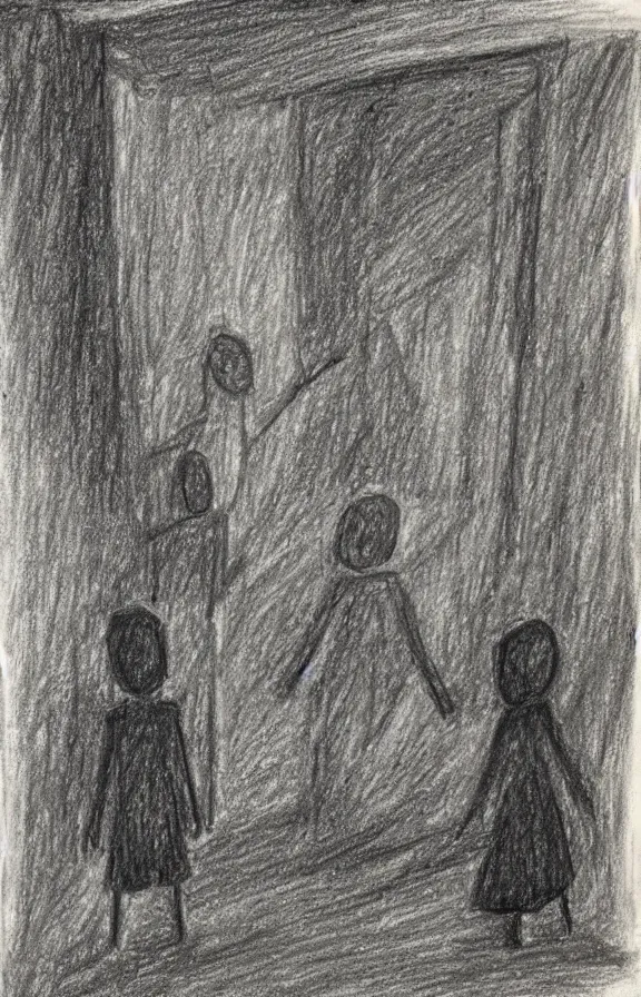 Prompt: drawing made by a child of a demonic fully black shadowy entity in a hallway, crayon drawing, drawn by child, simplified form, stick figure, red eyes