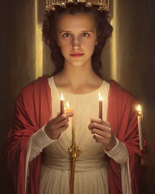 Prompt: a shadowy portrait painting of a shy, blushing 1 6 - year old alicia vikander or millie bobby brown as santa lucia with a crown of candles, lit only by candlelight in the darkness, intricate, elegant, highly detailed, artstation, concept art, by krenz cushart and donato giancola and william adolph bouguereau and alphonse mucha