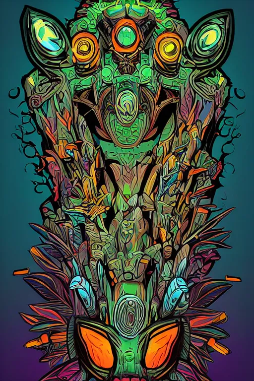 Image similar to totem animal mask tribal feather gemstone plant wood rock shaman vodoo video game vector illustration vivid color borderlands by josan gonzales and dan mumford radiating a glowing aura