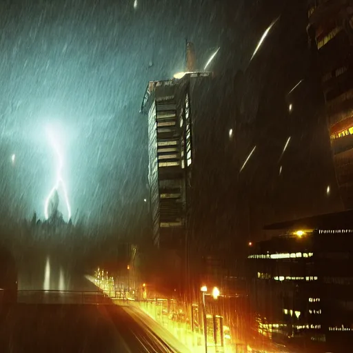 Image similar to 8 k hd detailed octane render of a kaiju in city in a thunderstorm