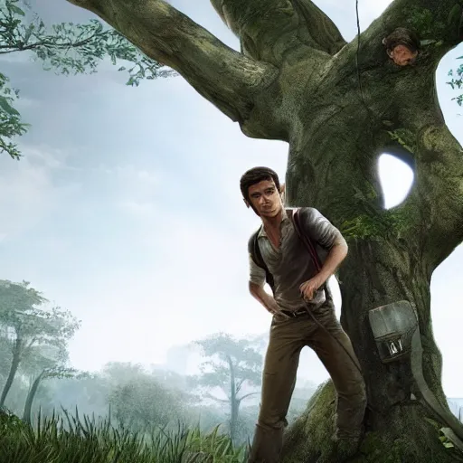 Image similar to young nathan drake finding a large tree, highly detailed