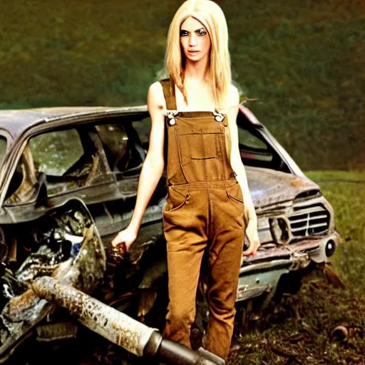 Image similar to a skinny extremely beautiful female high-fantasy elf with a long face narrow chin and short spiky blonde hair wearing dark brown overalls and holding a bomb next to a destroyed car, gel spiked blond hair, narrow lips, high resolution film still, HDR color, photograph by Mario Testino