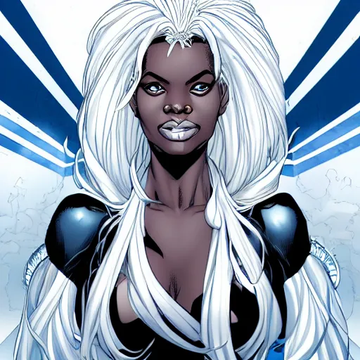Prompt: Portrait of Ororo Munroe, a beautiful African woman in her 30s, with white hair and piercing blue eyes, symmetrical face, detailed face, gentle face, kind expression, heroic, graphic novel, art by Chris Bachalo and Michael Choi and Alan Davis,