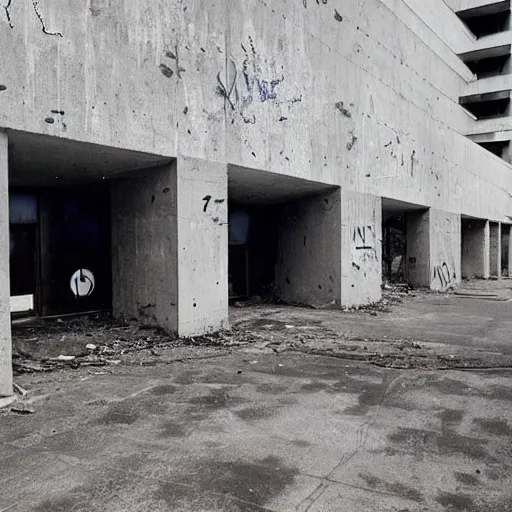 Prompt: brutalist buildings, rundown buildings, orwellian dystopia, totalitarian murals on building walls, hooligans with shaggy hair and blue suits, 1 9 7 1 cinematic, 8 mm photo lens, kodak