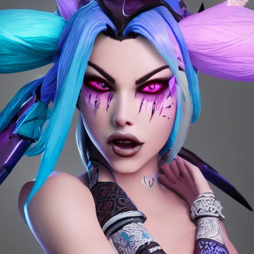 Prompt: A ground breaking 3d masterpiece of Jinx, from Arcane, from League of Legends, digital art, exquisite detail, polished, post-processing, photo-shopped, low angle, octane render, unreal engine, photo-realistic, cinematic, trending on ArtStation