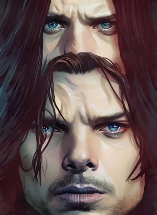 Image similar to sebastian stan as the winter soldier, painting by artgerm and greg rutkowski and alphonse mucha