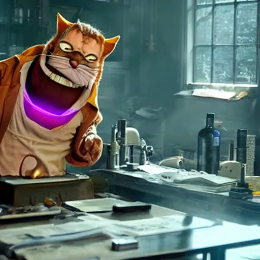 Prompt: garfield as a mad scientist creating thanos in a laboratory