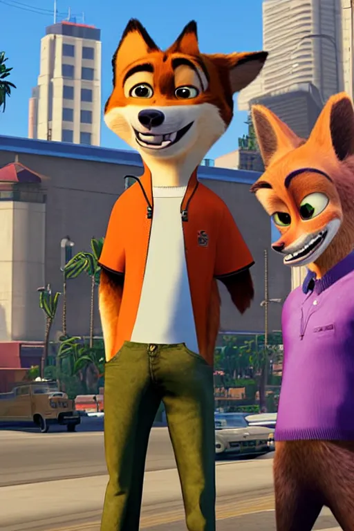 Image similar to Grand Theft Auto: San Andreas loading screen featuring Nick Wilde (from Zootopia)