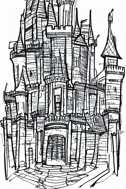 Image similar to single line sketch of elaborate intricate castle, scribble sketch, small details,