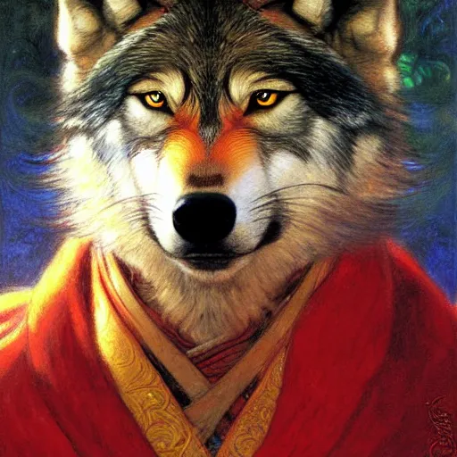 Prompt: a portrait of a male wolf in a red kimono in the sewers. furaffinity furry art detailed face painting by gaston bussiere craig mullins jc leyendecker gustav klimt artgerm greg rutkowski furry