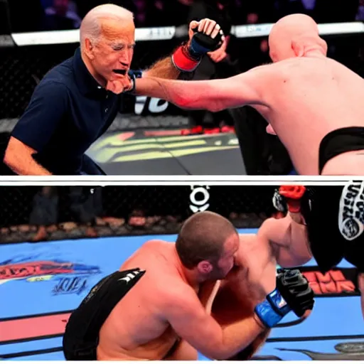 Image similar to joe biden getting knocked out in the ufc octagon, black eye on left side, detailed facial expressions, 1 9 8 0 s aesthetic