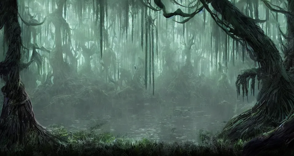 Image similar to A dense and dark enchanted forest with a swamp, by Pixar Concept Artists