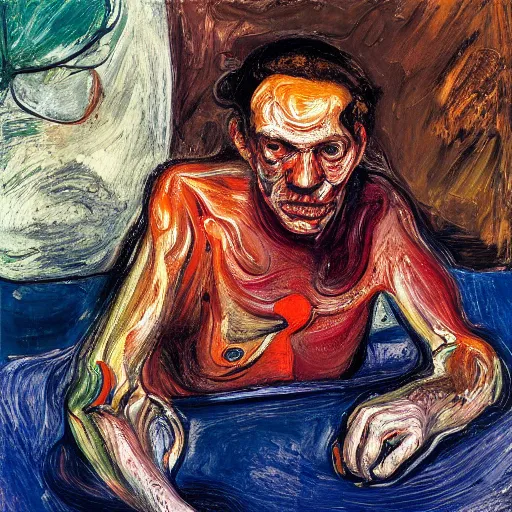 Image similar to high quality high detail expressionist painting of a man in agony by lucian freud and jenny saville edvard munch and francis bacon, hd, anxiety, seated at table, turquoise and orange