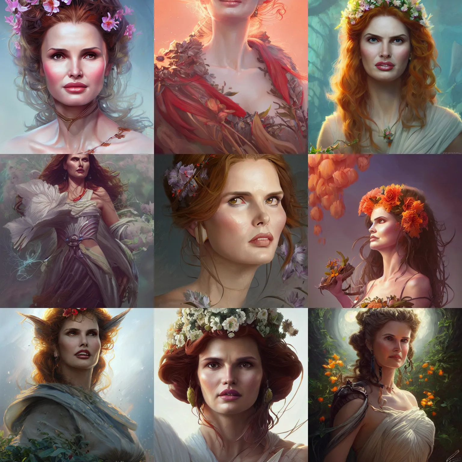 Image similar to demeter, geena davis, floral, summer, d & d, fantasy, portrait, highly detailed, digital painting, trending on artstation, concept art, sharp focus, illustration, art by artgerm and greg rutkowski and magali villeneuve