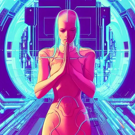 Image similar to a portrait of a beautiful cybernetic woman praying, cyberpunk concept art by josan gonzales and jean claude meziere and syd mead and moebius