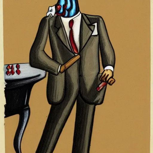 Image similar to an antropomorphic horse wearing a suit smoking a cigar