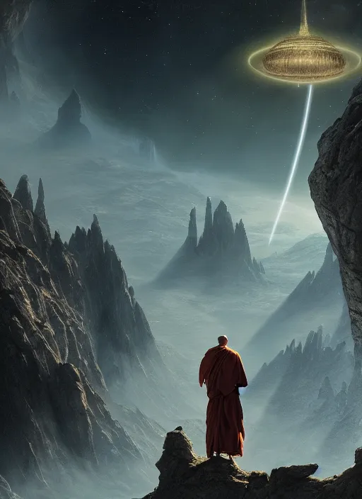 Image similar to a cosmic monk in lord of the rings scenery landscape, looking at a huge hovering spaceship in the sky, highly detailed, vivid color, cinematic lighting, perfect composition, 8 k, gustave dore, derek zabrocki, greg rutkowski, belsinski, octane render