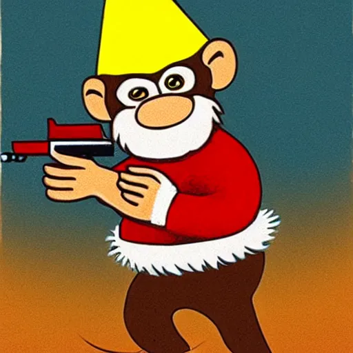 Prompt: Abu the monkey wearing a fez shooting a gun