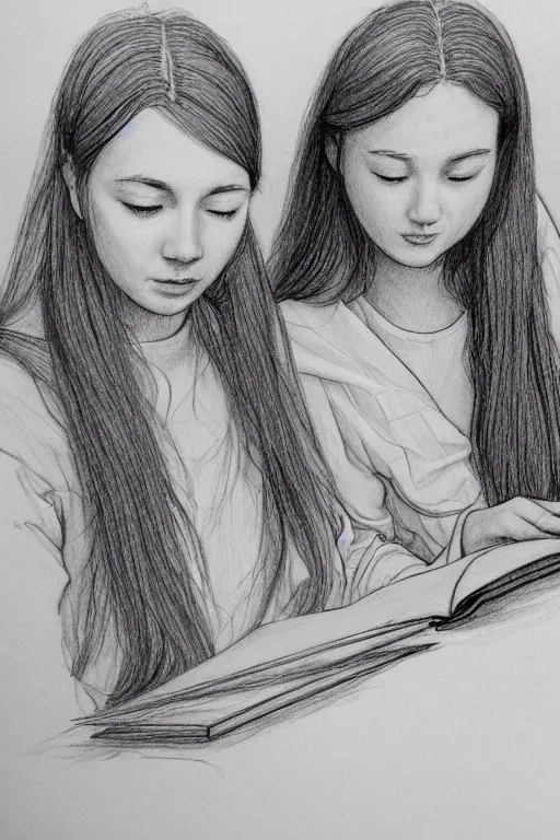 Prompt: portrait of two wise and very beautiful women reviewing some texts, drawn by a child, intricate, elegant, highly detailed, smooth, sharp focus, artstation