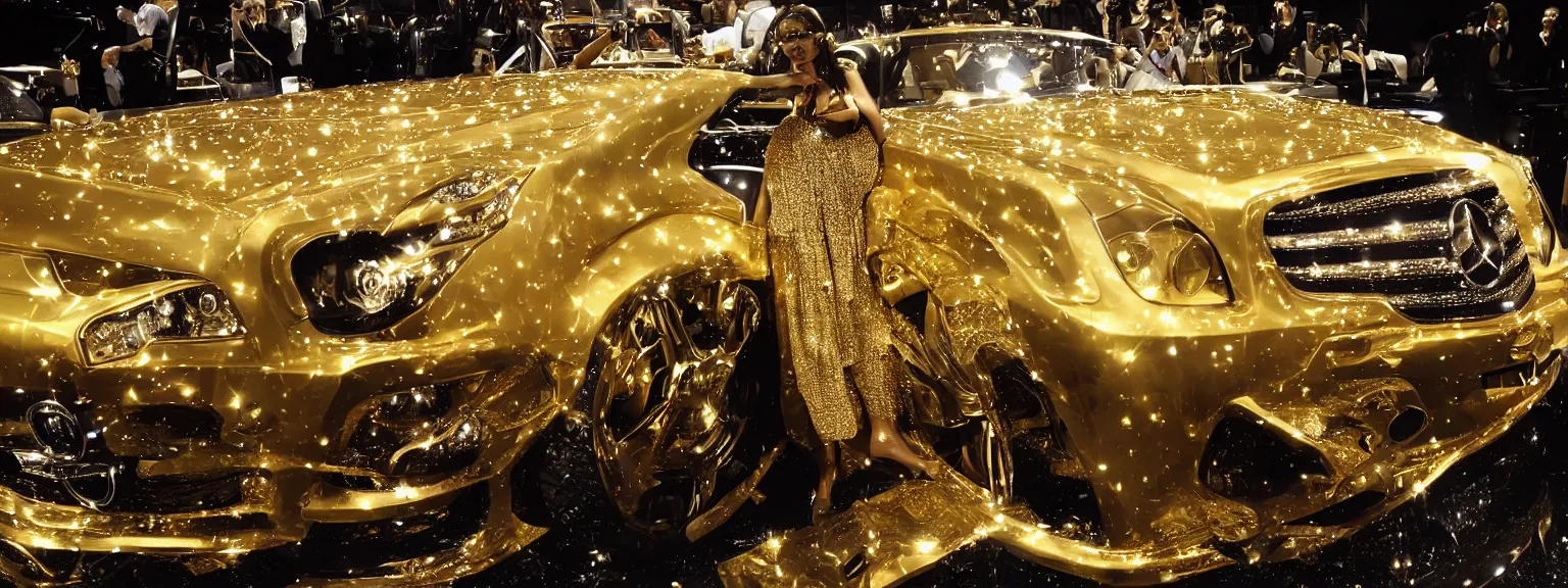 Image similar to photography a very luxurious, golden mercedes studded with diamonds, premium,