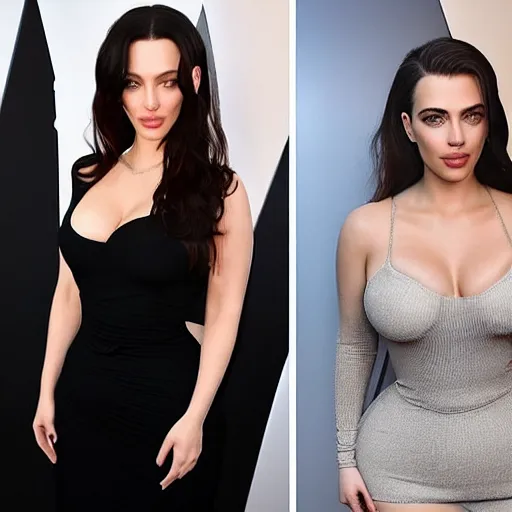 Prompt: a woman who is a genetic combination of kim kardashian and kat dennings and scarlett johansson and margot robbie and emma watson, face and upper - body focus, detailed eyes