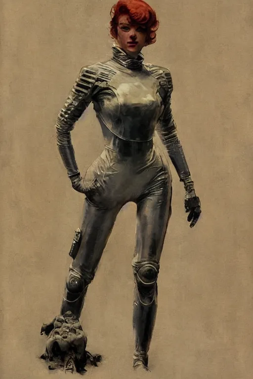 Image similar to pulp scifi fantasy illustration full body portrait of elegant woman wearing latex spacesuit, by norman rockwell, jack kirby, bergey, craig mullins, ruan jia, jeremy mann, tom lovell, 5 0 s, astounding stories, fantasy