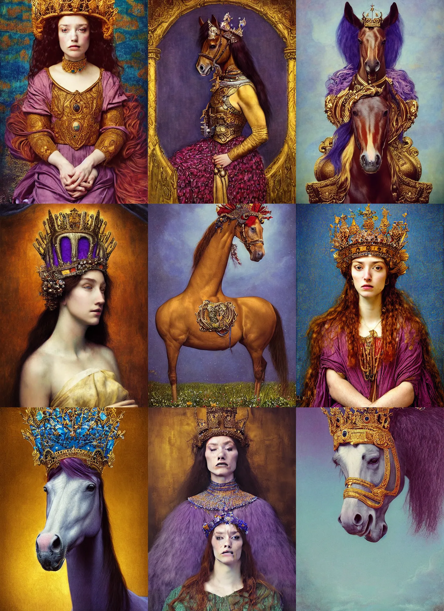 Prompt: “A majestic portrait of a horse wearing a crown, sitting on a wood throne,national geographic,titian, Tom Bagshaw, Sam Spratt, maxfield parrish, gustav klimt, high detail, 8k, intricate, blue purple and red colors”