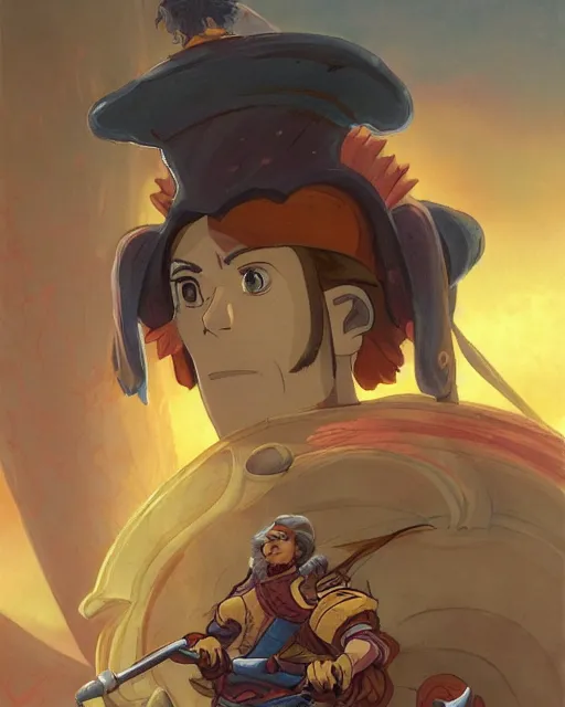 Image similar to portrait of a spanish conquistador in battle, by daniel zrom and disney concept artists and studio ghibli, treasure planet movie still, treasure planet movie color scheme, symmetric, handsome