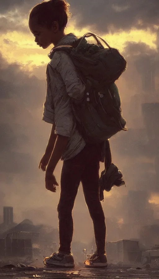 Image similar to poor detailed child with backpack standing at cars looking for food at garbage dump, destroyed cars, city is pure wasteland, moody sunset in background, greg rutkowski, alphonse mucha, trending on artstation, artgerm, unreal engine, breathtaking, award winning, highly detailed