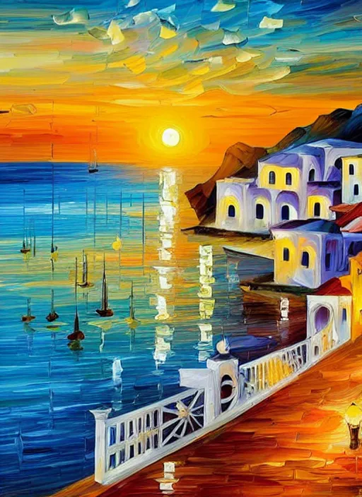 Image similar to beautiful seaside greek village at sunset in the style of leonid afremov