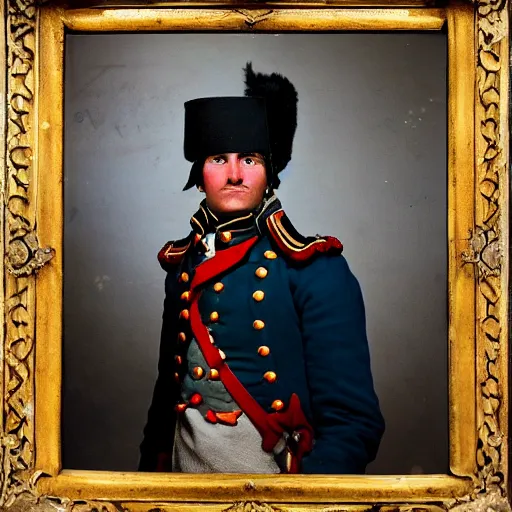 Image similar to a napoleonic infantryman taking a selfie, in the style of a school book photo.