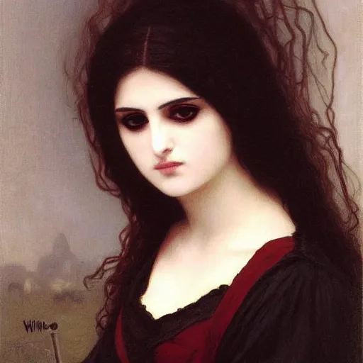 Image similar to 2 1 - year - old persian goth woman, gothic woman, trad goth, drawn by william - adolphe bouguereau