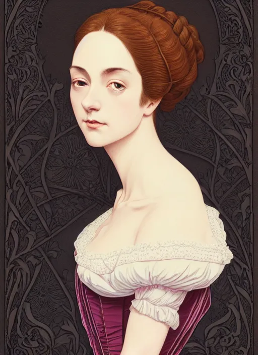 Image similar to 3 / 4 view of a portrait of woman in victorian clothing, confident pose, intricate, elegant, sharp focus, illustration, highly detailed, concept art, matte, trending on artstation, anime, art by james jean and artgerm and brian despain and alberto mielgo, ilya kuvshinov, strong strokes, gothic, haunted, art nouveau