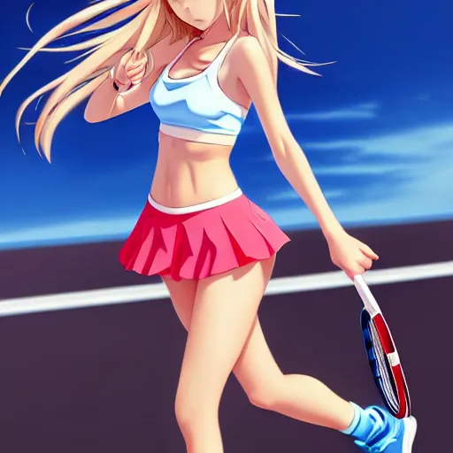 Image similar to a very beautiful young anime tennis girl, full body, head, long wavy blond hair, sky blue eyes, full round face, short smile, bikini, miniskirt, front view, full shot, highly detailed, cinematic wallpaper by stanley artgerm lau
