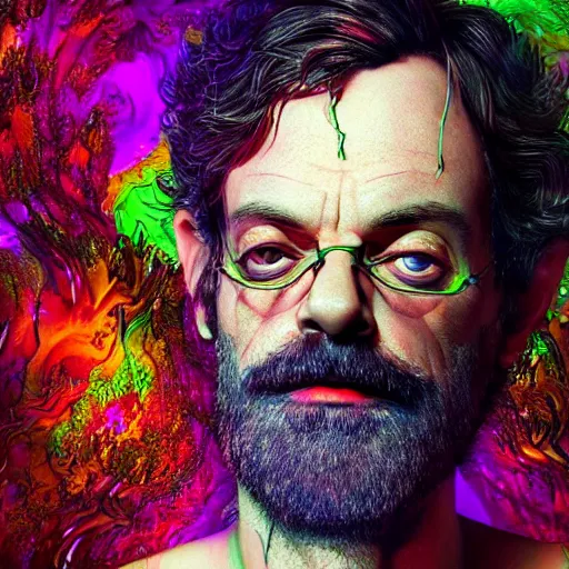 Image similar to terence McKenna posing seductively with psychedelic mushrooms, psychedelic, fractal, cinematic lighting, dramatic, octane render, full body, trending on artstation, perfect facial symmetry, bokeh, 8k, intricate, hyper detailed